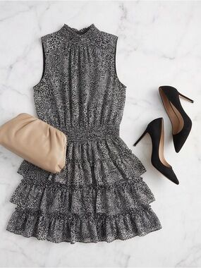 Sleeveless Smocked Tiered Mini Dress in Black and Gray Leopard